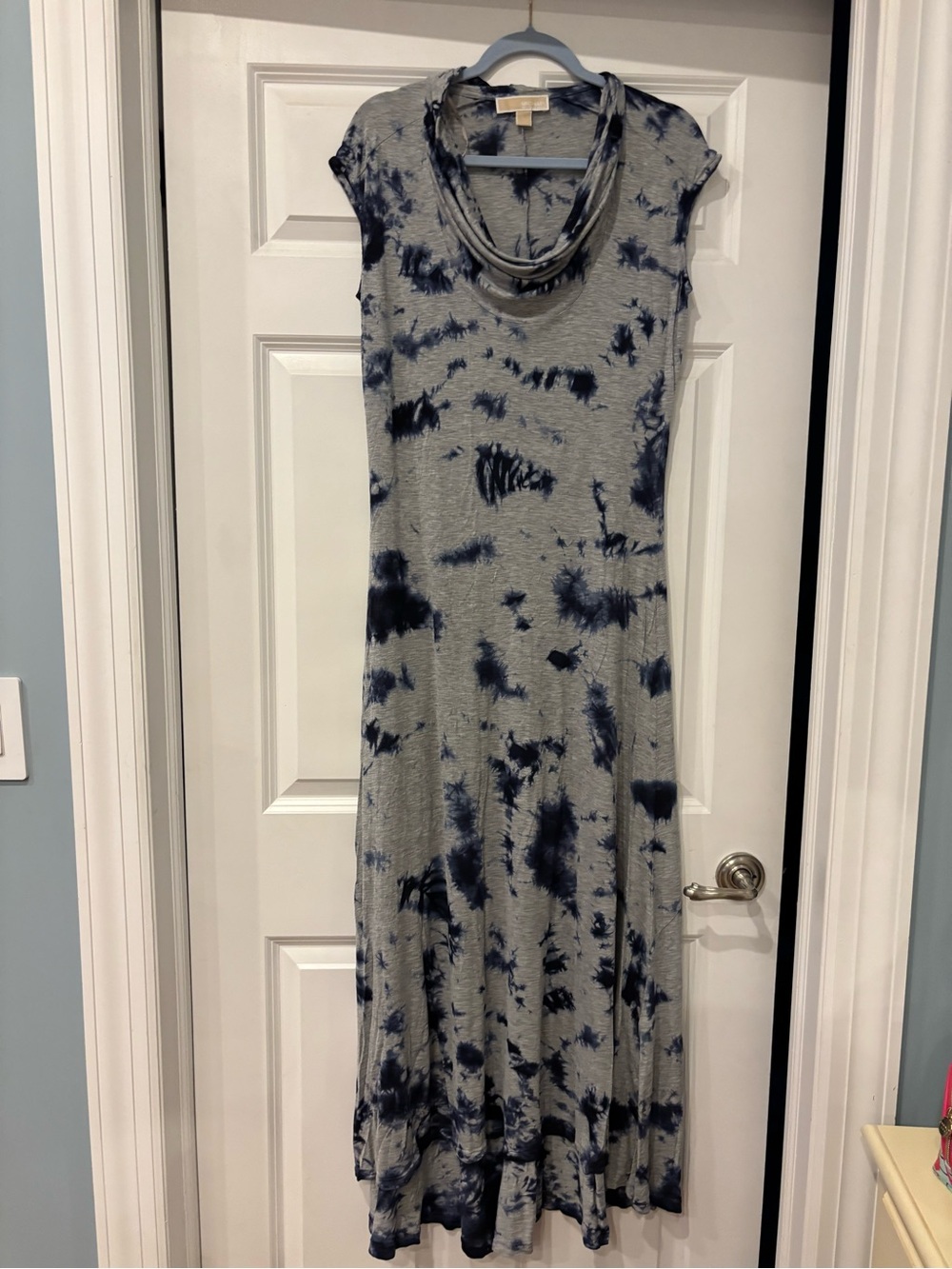 Michael Kors Sleeveless Gray & Navy Tie-Dye Maxi Dress with Cowl Neck